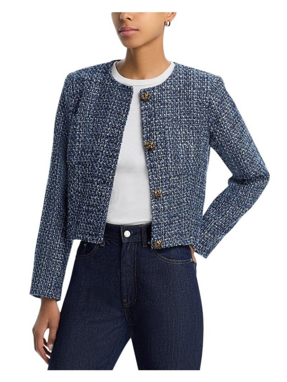 NWT Aqua Collarless Tweed Cropped Blazer Jacket IJO31229 Navy Multi Blue M